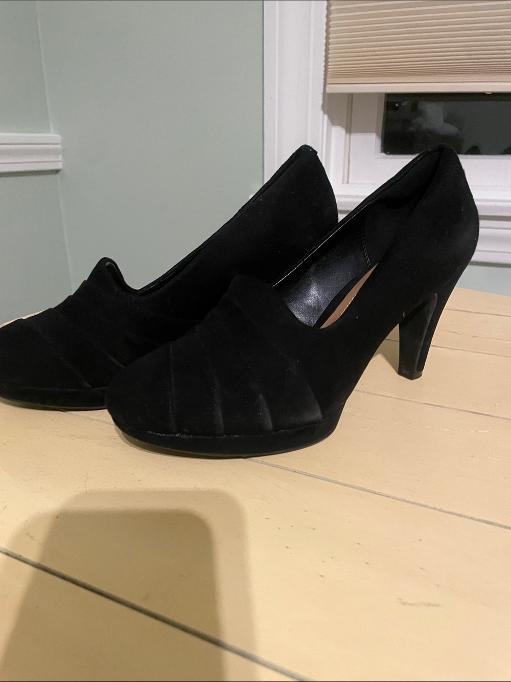 Clarks Black Suede Mid Heel Loafers